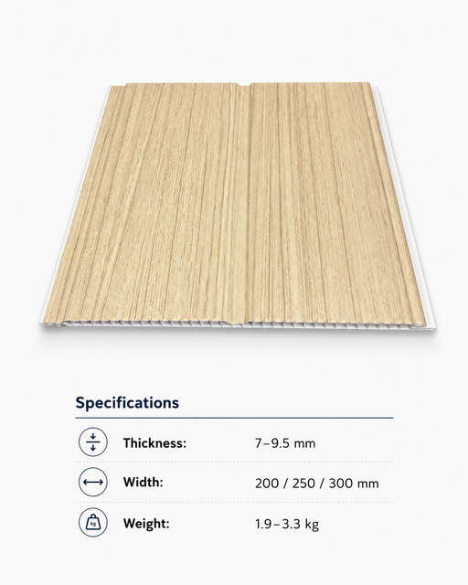 Light oak wood grain PVC ceiling and wall panel with hollow-core structure and product specifications