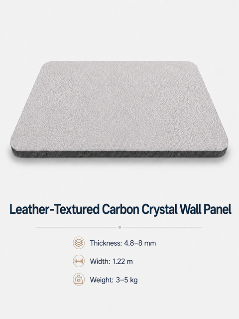 Ivory white leather-textured carbon crystal wall panel shown in an angled view with a black-gray core and rounded edges.