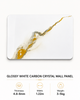 Front view of glossy white carbon crystal wall panel with elegant gold and grey marble veins