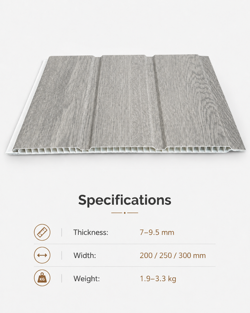 Gray wood grain PVC ceiling and wall panel with hollow structure, available in 200, 250 and 300 mm widths