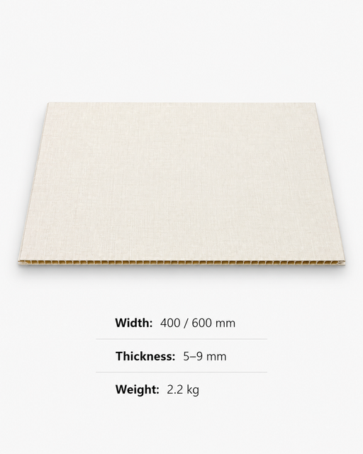 Cream textured PVC wall panel, 400/600 mm width, 5-9 mm thickness, lightweight waterproof hollow core.